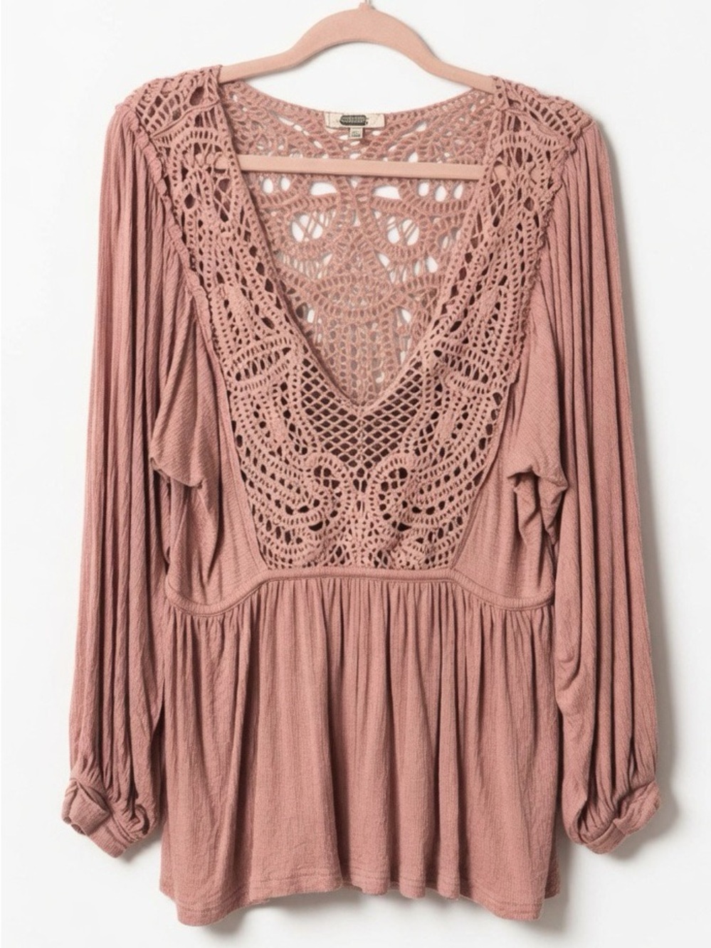 gimmicks by BKE Crochet-Trim V-Neck Tunic in Dusty Rose